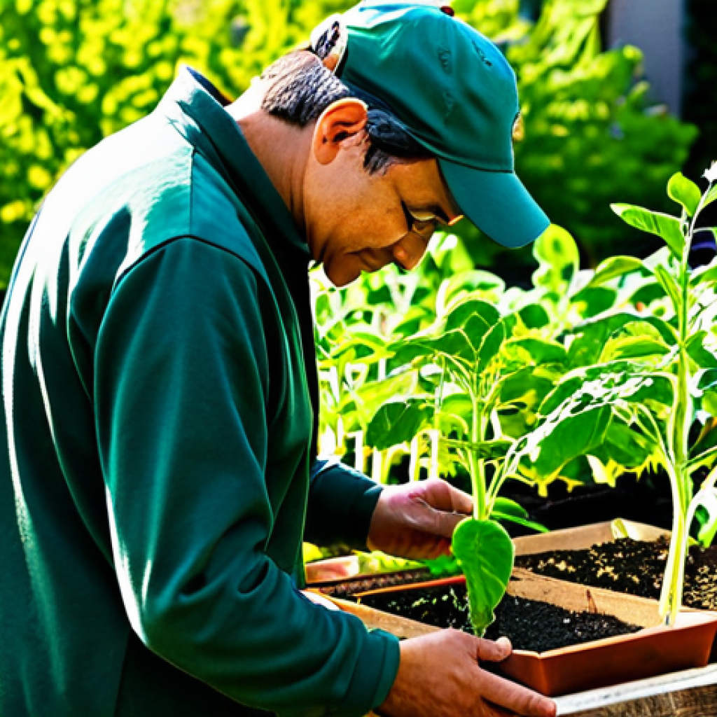 A professional urban gardener, fully clothed in modest, appropriate attire, stands in a vibrant, sunlit community garden. The gardener, with perfect anatomy and natural proportions, is carefully examining a healthy, leafy green plant, displaying well-formed hands and proper finger count. In the background, various certified organic seed packets with clear EU Organic (Euro Hoja) and USDA Organic logos are neatly arranged on a shelf. The scene is bright and conveys a sense of trust and natural growth, reflecting sustainable practices. This image is safe for work, appropriate content, and family-friendly, captured with professional photography and high quality.
