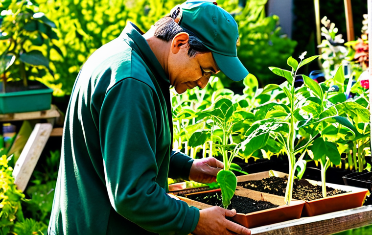 A professional urban gardener, fully clothed in modest, appropriate attire, stands in a vibrant, sunlit community garden. The gardener, with perfect anatomy and natural proportions, is carefully examining a healthy, leafy green plant, displaying well-formed hands and proper finger count. In the background, various certified organic seed packets with clear EU Organic (Euro Hoja) and USDA Organic logos are neatly arranged on a shelf. The scene is bright and conveys a sense of trust and natural growth, reflecting sustainable practices. This image is safe for work, appropriate content, and family-friendly, captured with professional photography and high quality.