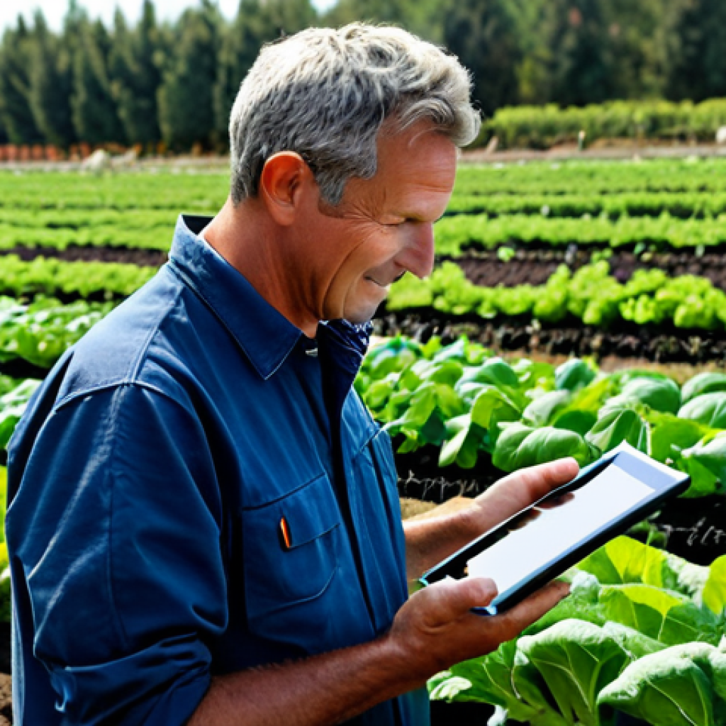 **

"A modern smart farm. A professional farmer, fully clothed in appropriate work attire, is using a tablet to monitor data from sensors in his vegetable garden. Automated irrigation system is watering rows of healthy plants. Safe for work, appropriate content, professional, family-friendly, perfect anatomy, correct proportions, natural pose, well-formed hands, proper finger count, natural body proportions, high quality."

**