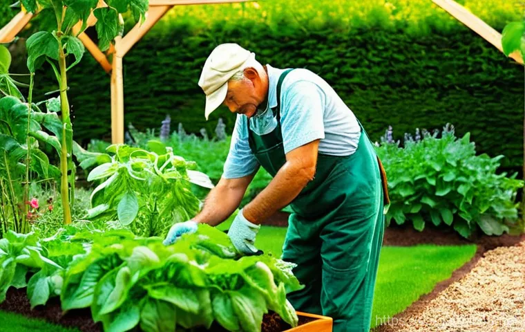 텃밭 채소 병충해 예방 가이드 - **Prompt 1: The Attentive Gardener and Healthy Soil**
    "A serene and vibrant vegetable garden (hu...