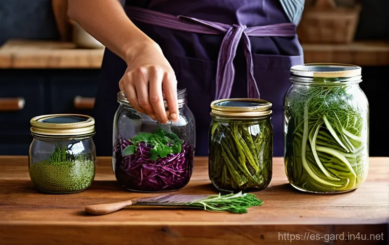 텃밭 수확물 가공 및 저장법 - **Prompt for Artisanal Fermentation:**
    "A cozy, sun-drenched rustic kitchen with a large wooden ...