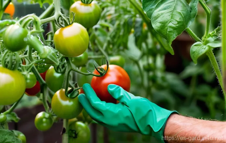 텃밭 채소 유통기한 연장 방법 - **Prompt:** A close-up shot of an adult's hands, gently and precisely harvesting ripe, vibrant red t...