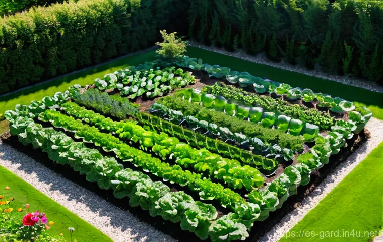 텃밭 농업용 드론 활용법 - **Early Detection & Aerial View:**
    "A vibrant, richly detailed top-down aerial shot of a small, ...