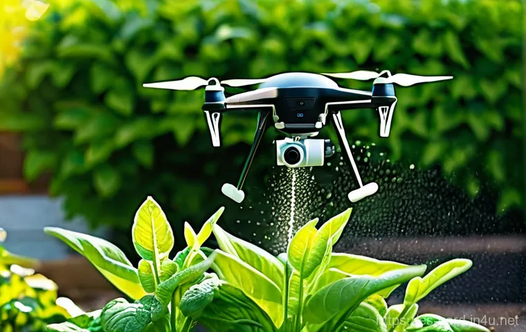 텃밭 농업용 드론 활용법 - **Early Detection & Aerial View:**
    "A vibrant, richly detailed top-down aerial shot of a small, ...