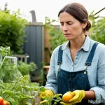 Home 2 텃밭 토양 산도 측정 및 조절법 - **A Frustrated Gardener in a Struggling Garden:**
"A candid medium shot of a frustrated amateur ...