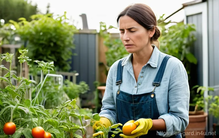 텃밭 토양 산도 측정 및 조절법 - **A Frustrated Gardener in a Struggling Garden:**
    "A candid medium shot of a frustrated amateur ...