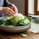 Home 7 텃밭 수확물 보관 및 저장법 - A brightly lit, clean, and organized kitchen. A person, casually dressed, is in the process of prepa...