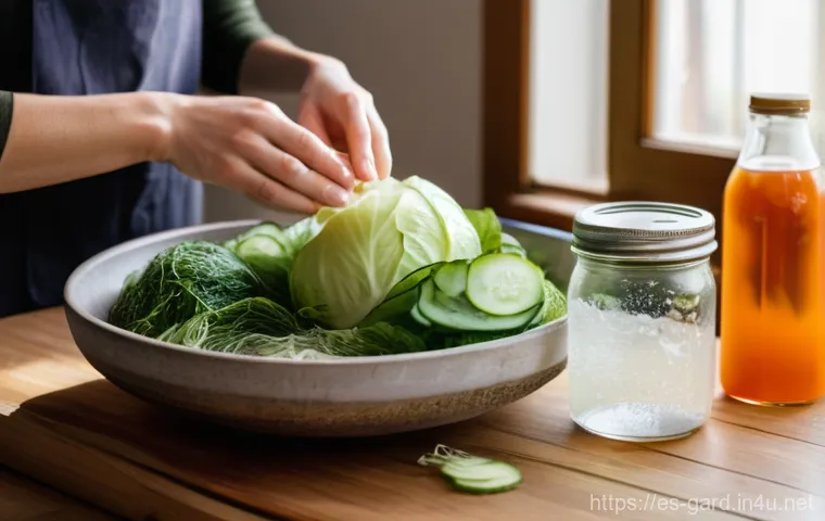 텃밭 수확물 보관 및 저장법 - A brightly lit, clean, and organized kitchen. A person, casually dressed, is in the process of prepa...