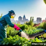정원 텃밭 해충 방제 제품 비교 - A vibrant urban garden scene during early morning light, showcasing a gardener wearing gloves and pr...