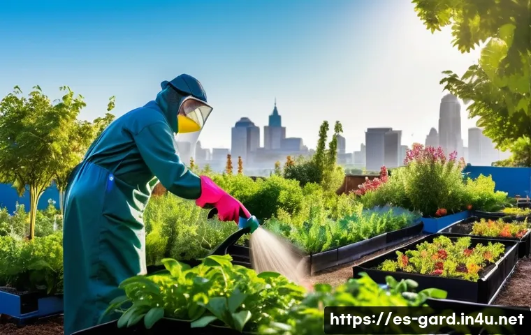 정원 텃밭 해충 방제 제품 비교 - A vibrant urban garden scene during early morning light, showcasing a gardener wearing gloves and pr...