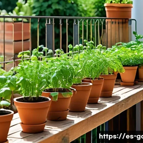 베란다 텃밭 채소 키우기 - A bright urban terrace garden scene in a Spanish-style apartment, featuring vertical planters and ha...
