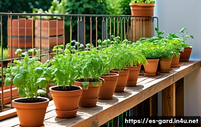 베란다 텃밭 채소 키우기 - A bright urban terrace garden scene in a Spanish-style apartment, featuring vertical planters and ha...
