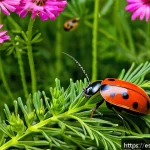 텃밭 해충 천적 활용법 - A vibrant urban garden scene showcasing a variety of beneficial insects like ladybugs with bright re...