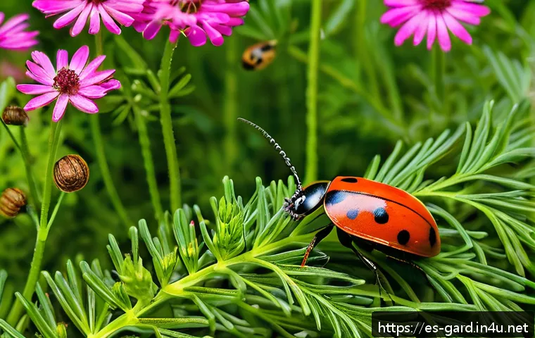 텃밭 해충 천적 활용법 - A vibrant urban garden scene showcasing a variety of beneficial insects like ladybugs with bright re...