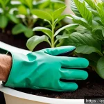 텃밭 필수 원예 도구 추천 - A detailed close-up image of a pair of gardening gloves made from soft cotton fabric with a durable ...