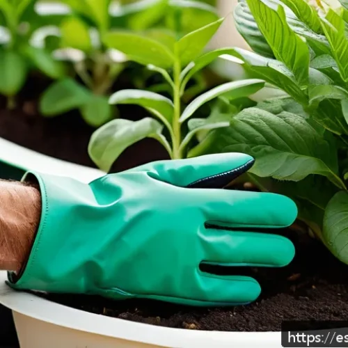 텃밭 필수 원예 도구 추천 - A detailed close-up image of a pair of gardening gloves made from soft cotton fabric with a durable ...