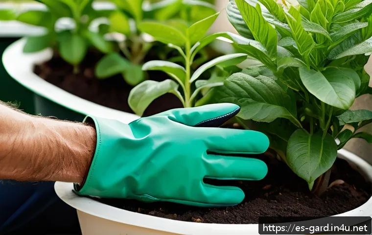 텃밭 필수 원예 도구 추천 - A detailed close-up image of a pair of gardening gloves made from soft cotton fabric with a durable ...