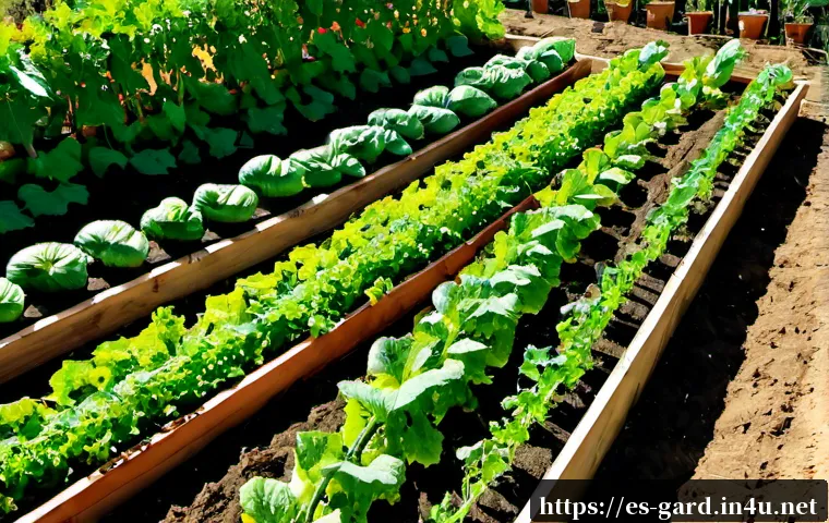 텃밭 작물별 생육 특성 비교 - Photorealistic backyard vegetable garden in a sunny Spanish Mediterranean setting, clear side-by-sid...