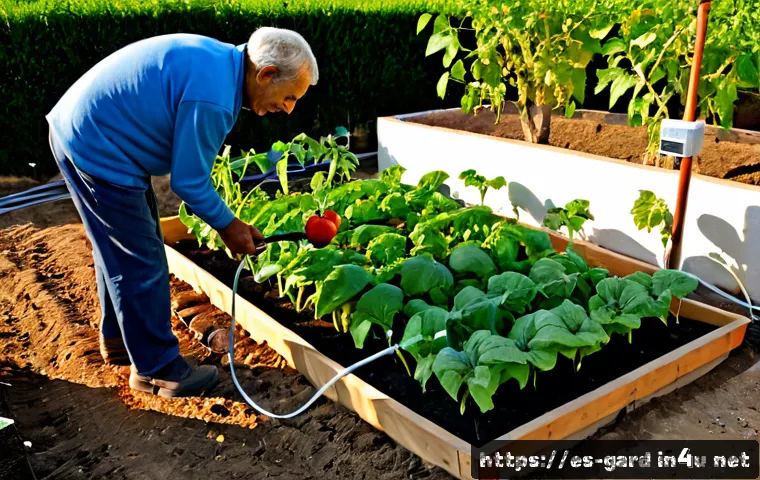 Home 17 텃밭 자동화 시스템 추천 - Photorealistic sunny backyard vegetable garden in Spain, raised beds with tomatoes, peppers, zucchin...