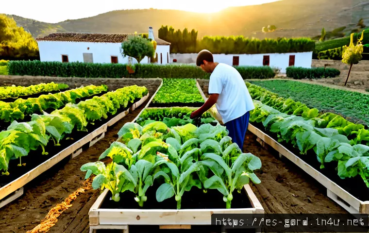 텃밭 농산물 판매 및 유통 노하우 - Photorealistic small-scale vegetable farm in rural Spain at golden morning light, a Hispanic farmer ...